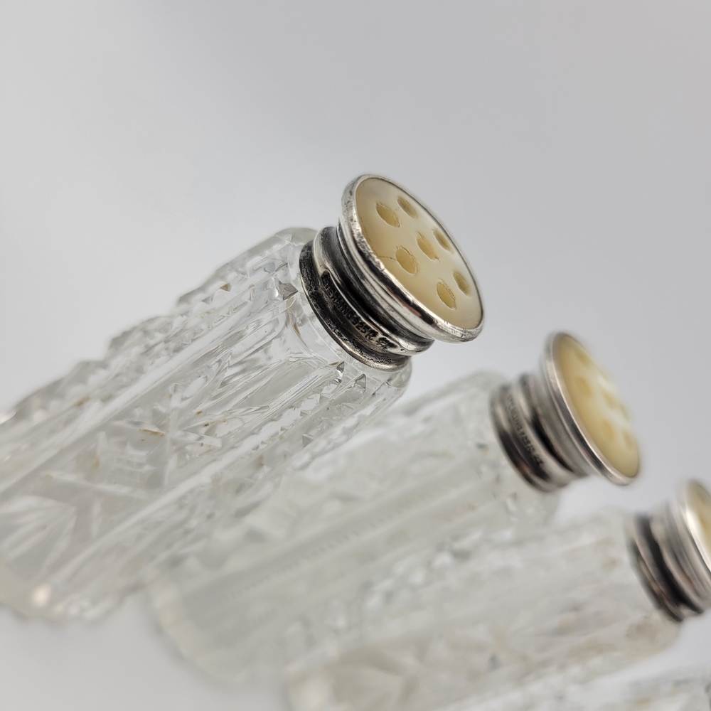 Vintage MCM Crystal Salt and Pepper Shakers Sterling Silver Caps Mother of Pearl - Picture 4 of 10